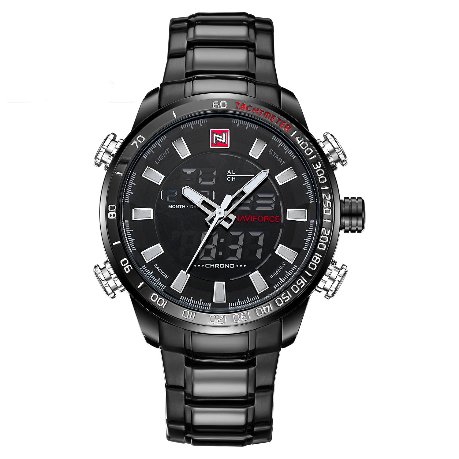 A silver-toned men's quartz watch with a black dial, red accents, and a stainless steel strap, displaying luminous features.