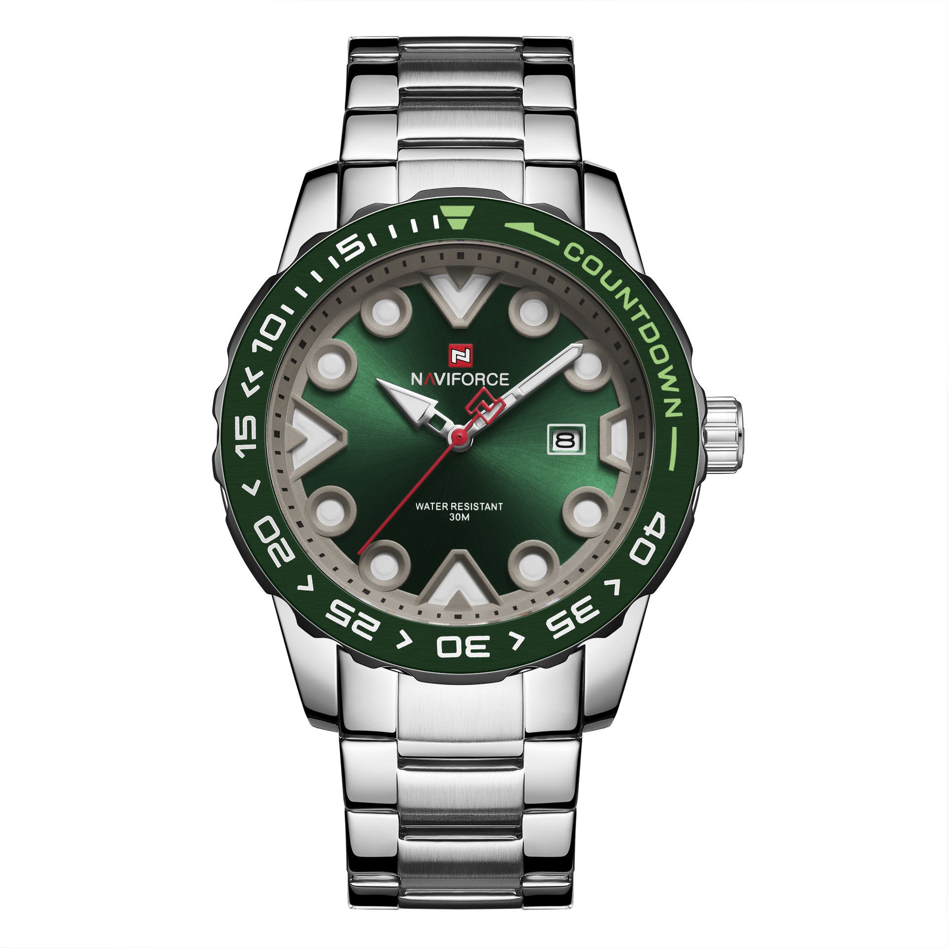 A silver stainless steel men's watch with a green dial, luminous hands, and a date display at the 6 o'clock position. The watch has a quartz movement and features a round case with a mineral strengthened glass mirror.