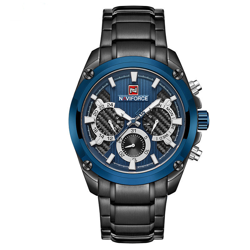 A men's quartz watch with a blue dial, black steel strap, and alloy case.