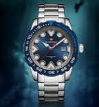 Naviforce watch with blue dial and silver bracelet on a dark blue background