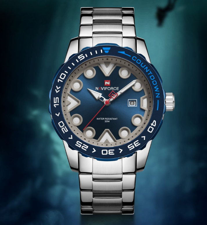Naviforce watch with blue dial and silver bracelet on a dark blue background