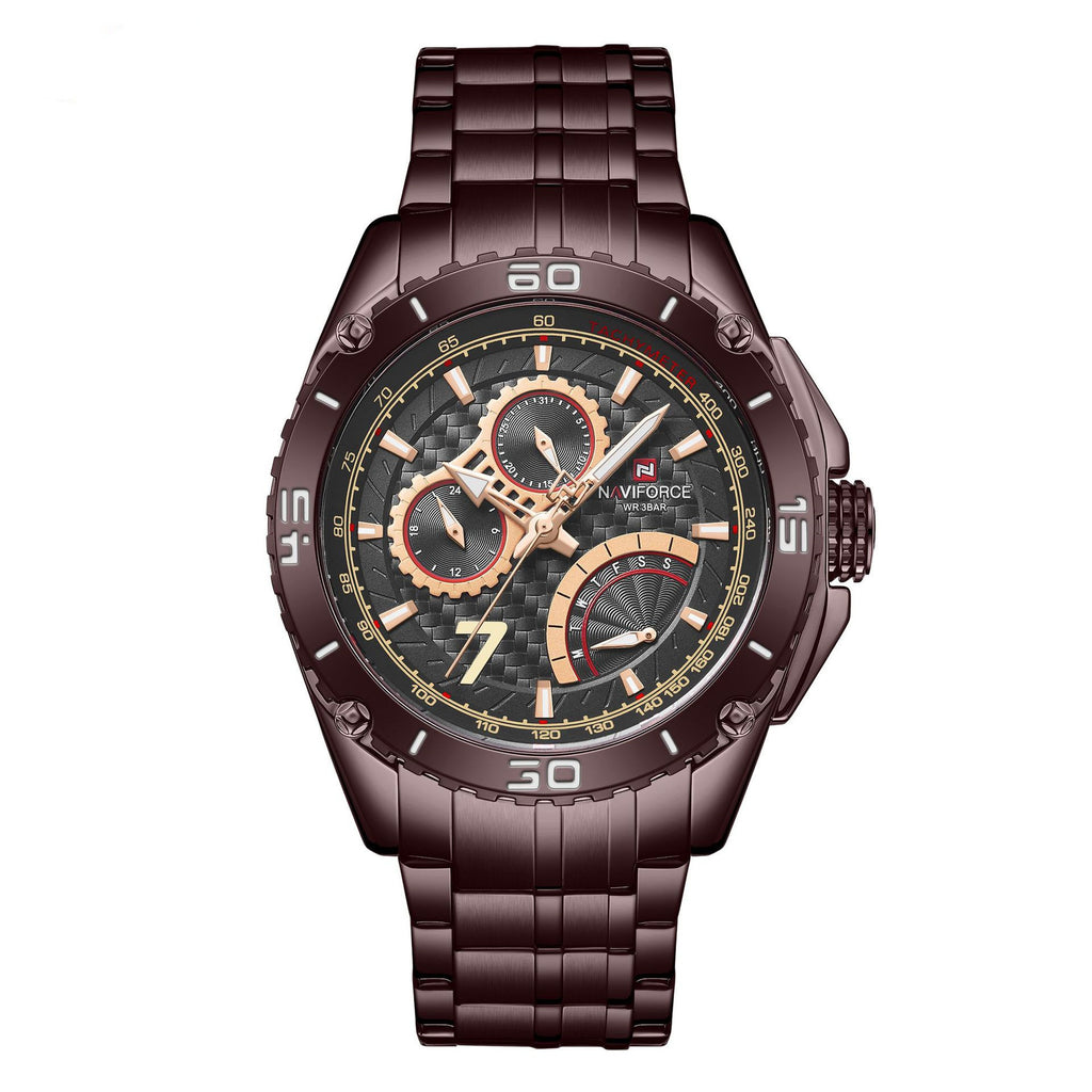 A silver stainless steel Lingxiang quartz watch with a green dial, featuring a three-hand calendar display and a titanium clasp.