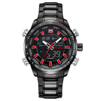 A silver-toned men's quartz watch with a black dial, red accents, and a stainless steel strap, displaying luminous features.