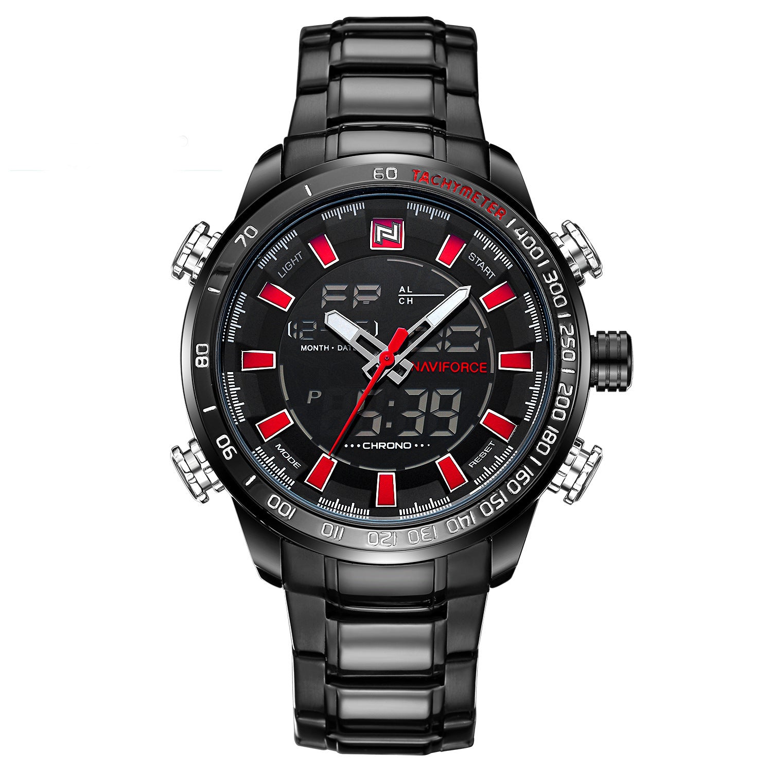 A silver-toned men's quartz watch with a black dial, red accents, and a stainless steel strap, displaying luminous features.