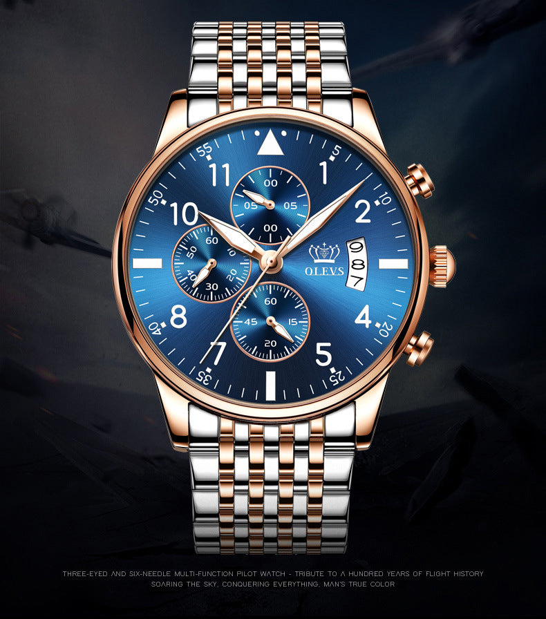 Luxury watch with blue dial and rose gold case on a dark background
