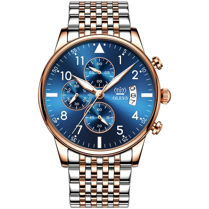 A multifunctional chronograph quartz watch with a black dial, rose gold casing, and a stainless steel strap.