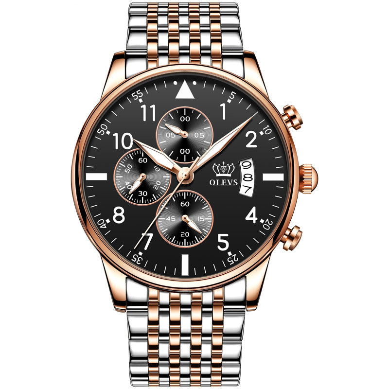 A multifunctional chronograph quartz watch with a black dial, rose gold casing, and a stainless steel strap.