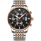 A multifunctional chronograph quartz watch with a black dial, rose gold casing, and a stainless steel strap.