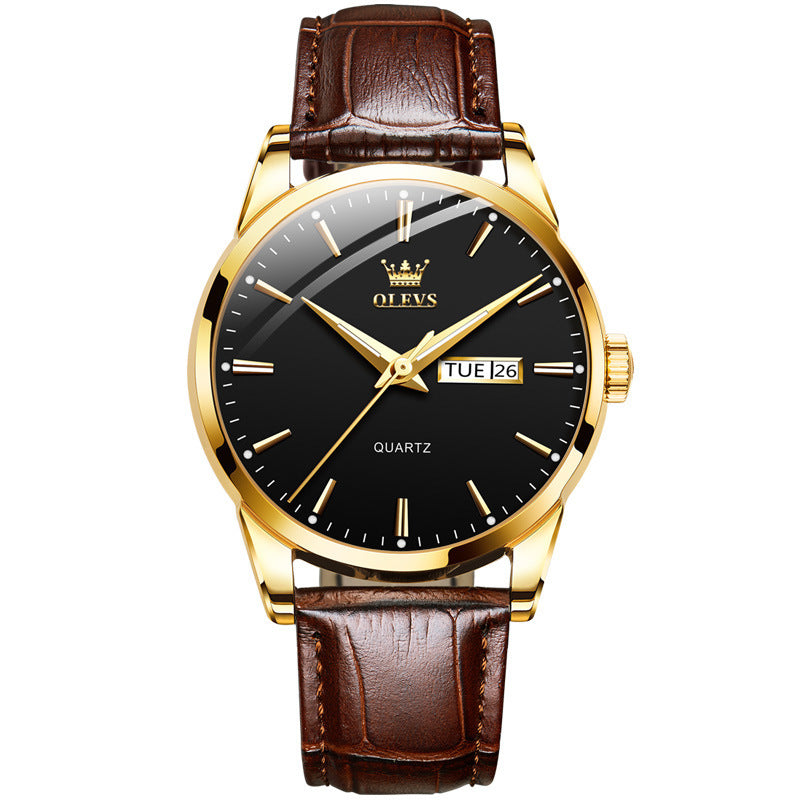 OLEVS Fashionable Men's Quartz Watch Dual Calendar Original Leather Band Waterproof Quartz Movement Men's Quartz Watch
