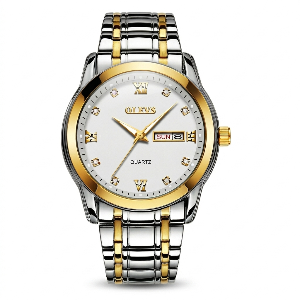 Two-tone silver and gold watch with a white face on a white background