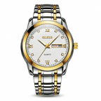 Two-tone silver and gold watch with a white face on a white background