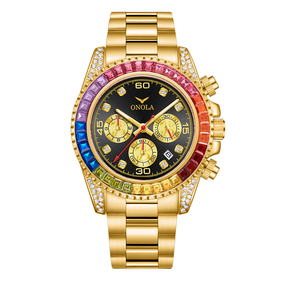 ONOLA Men's Luxury Fashion Business Chronograph Quartz Watch Rhinstone Stainless Steel Waterproof Men Quartz Watch