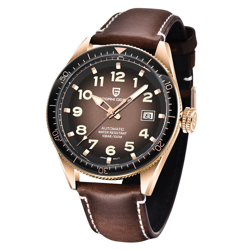 A PAGANI DESIGN mechanical men's watch with a blue leather strap, silver stainless steel case, and a blue dial with white numerals.