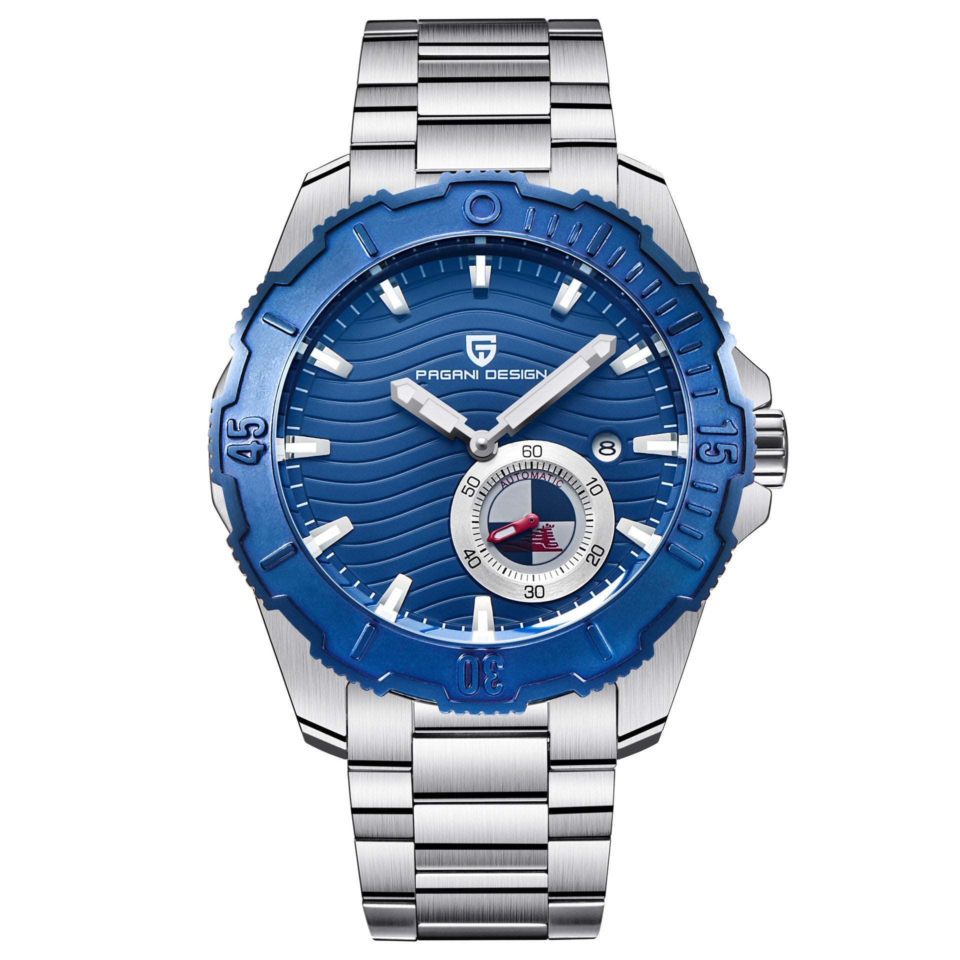 A PAGANI DESIGN men's watch with a blue dial, black case, and black band.