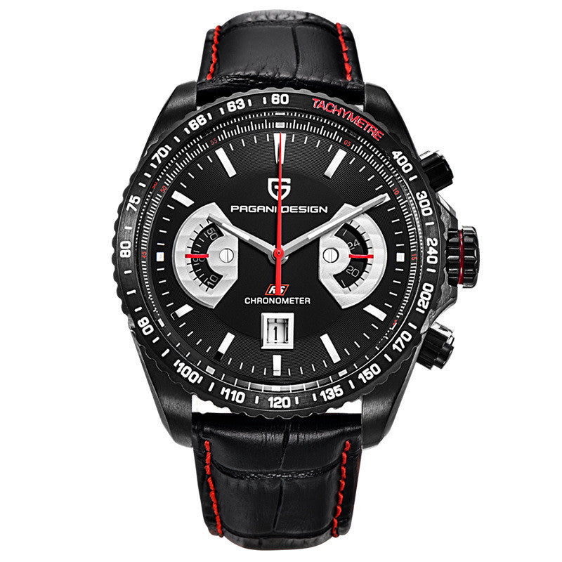 A PAGANI DESIGN quartz men's watch with a silver stainless steel case and a brown leather band.