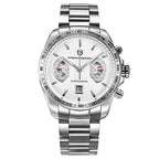 A PAGANI DESIGN quartz men's watch with a silver stainless steel case and a brown leather band.