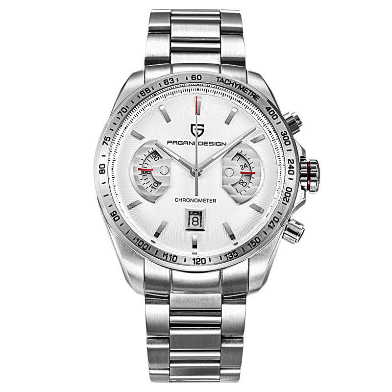 A PAGANI DESIGN quartz men's watch with a silver stainless steel case and a brown leather band.