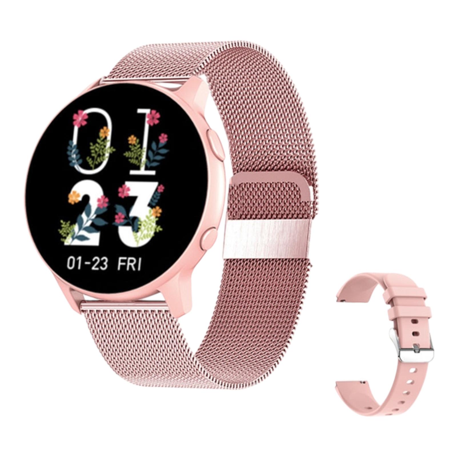 Smartwatch with a rose gold mesh band on a white background