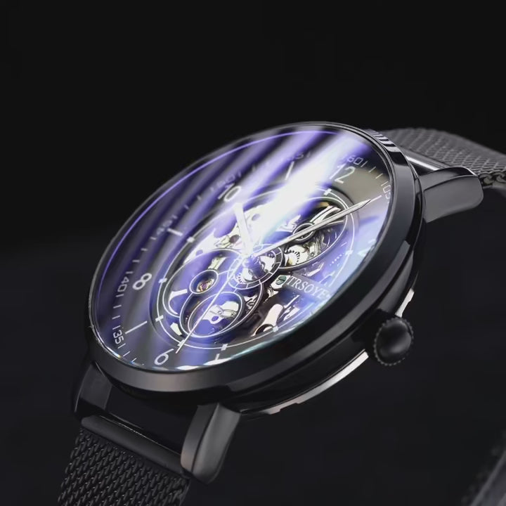 Orologio da uomo automatico TRSOYE di lusso alla moda con cinturino in pelle nera traforata, autentico e leggero