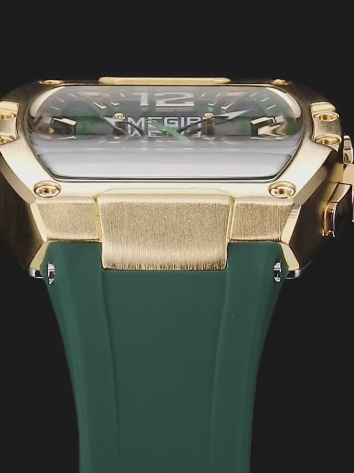 MEGIR Fashion Sport Quartz Watch for Men Waterproof Golden Green Silicone Strap Chronograph Wristwatch