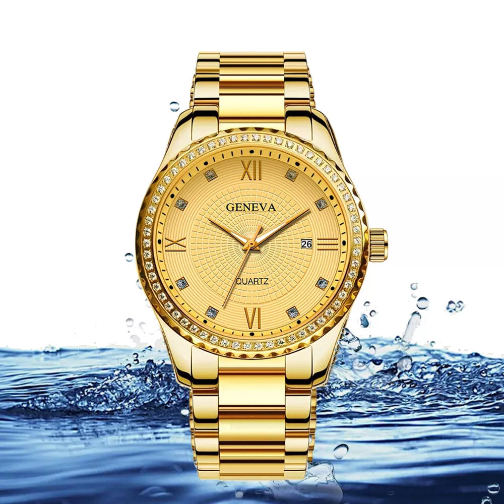 Genève Nieuwe Romeinse Schaal Heren Diamant vervaardigd Kalender Stalen Band Quartz Horloge Roestvrij Staal Heren Quartz Horloge
