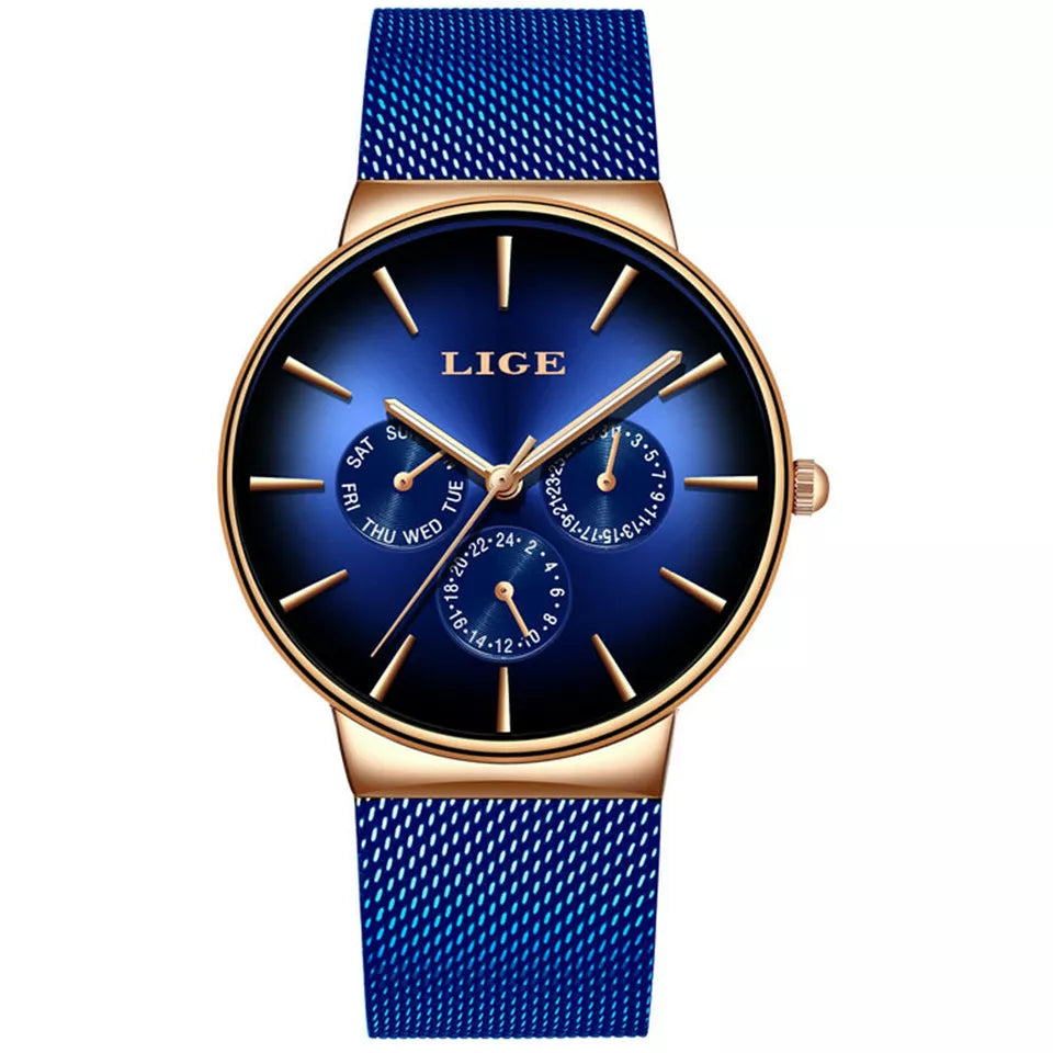 LIGE Women's Mesh Belt Quartz Watch Waterproof Stainless Steel Luminous Women Automatic Movement Quartz Watch