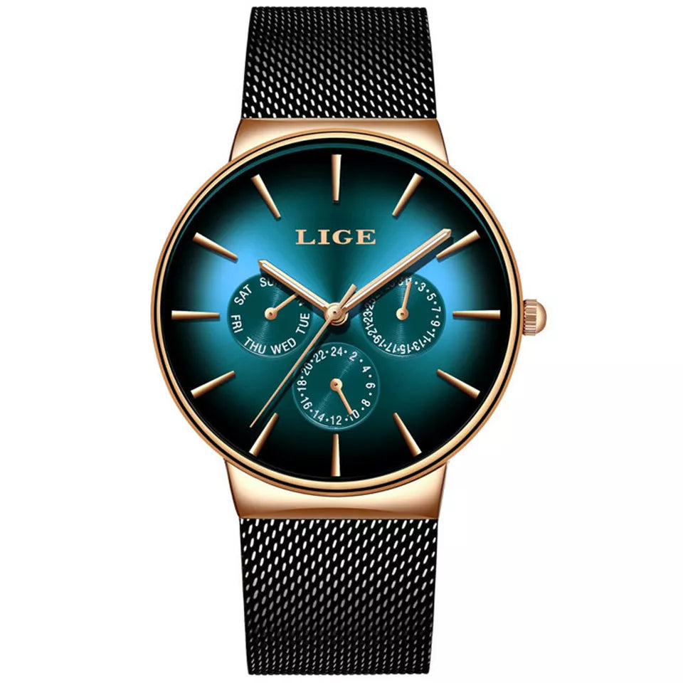 LIGE Women's Mesh Belt Quartz Watch Waterproof Stainless Steel Luminous Women Automatic Movement Quartz Watch