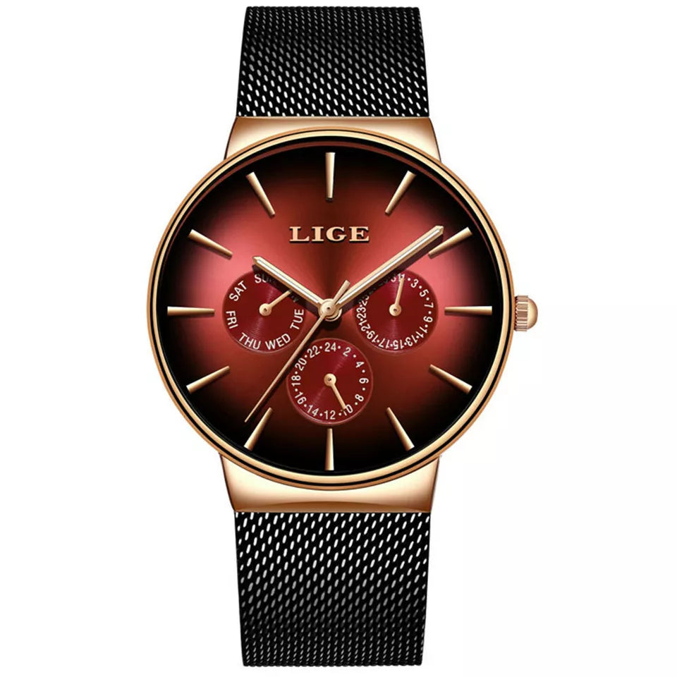 LIGE Women's Mesh Belt Quartz Watch Waterproof Stainless Steel Luminous Women Automatic Movement Quartz Watch