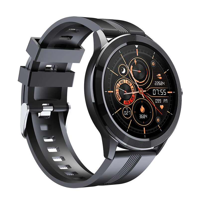 A black smartwatch with a silicone band and a color screen displaying various health metrics, indicating heart rate monitoring and sports performance features.