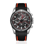 Wristwatch with black strap and red accents on a white background