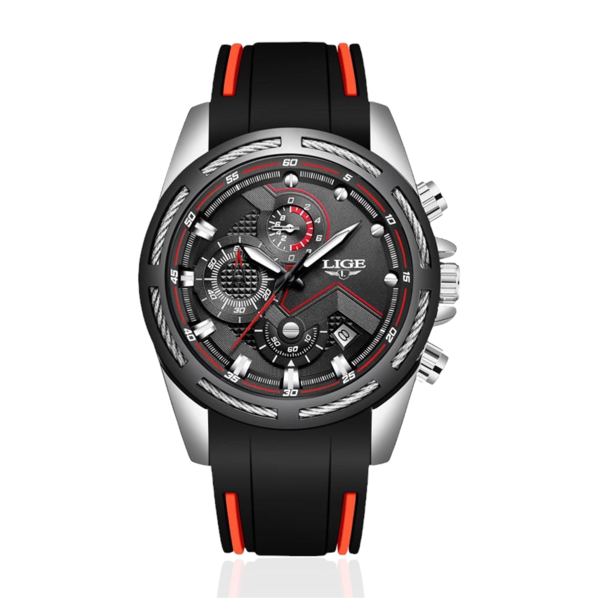 Wristwatch with black strap and red accents on a white background