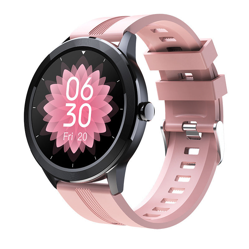 A black smartwatch with a silicone band and a color screen displaying various health metrics, indicating heart rate monitoring and sports performance features.