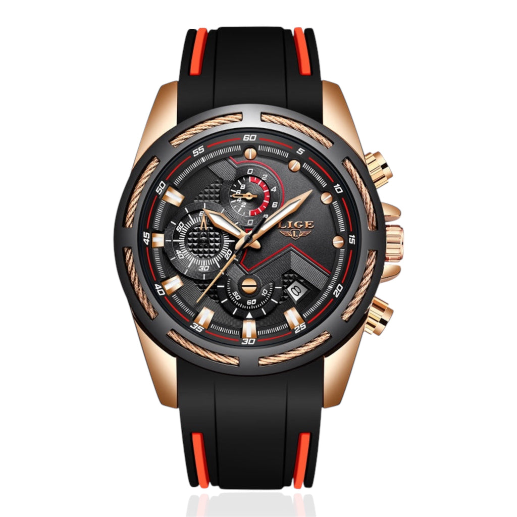 Luxury watch with black strap and red accents on a white background