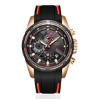 Luxury watch with black strap and red accents on a white background