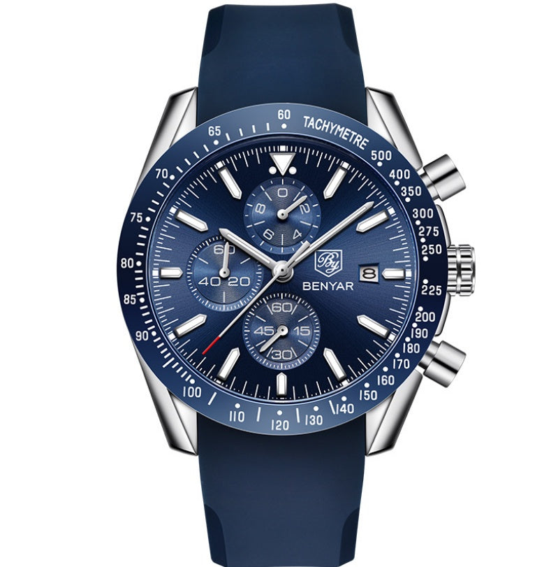 A men's quartz watch with a blue strap and rose gold case, featuring a blue dial with multiple subdials and a tachymeter.