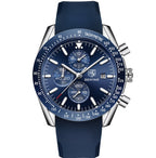 A men's quartz watch with a blue strap and rose gold case, featuring a blue dial with multiple subdials and a tachymeter.