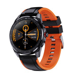A black smartwatch with a silicone wristband and a digital display showing the time and various smart watch features.