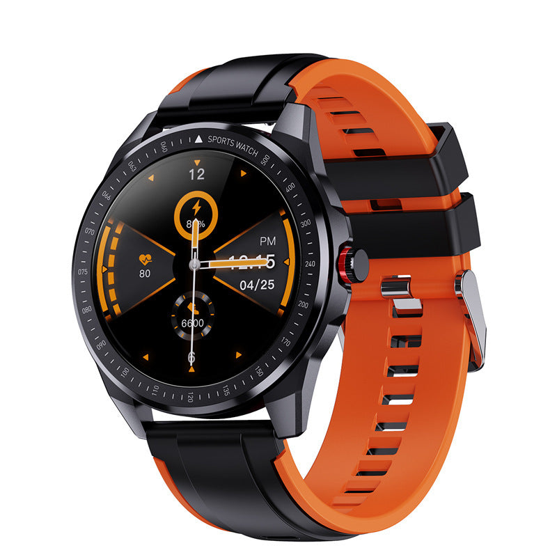 A black smartwatch with a silicone wristband and a digital display showing the time and various smart watch features.