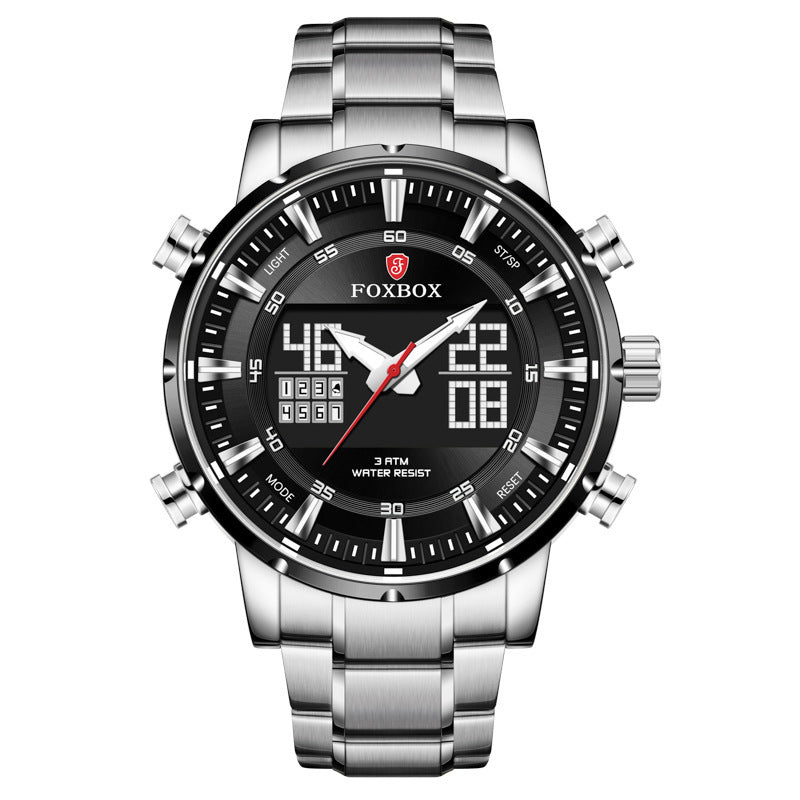 A men's dual display multifunctional sports watch with a blue dial, silver and gold casing, and a stainless steel band.