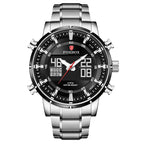 A men's dual display multifunctional sports watch with a blue dial, silver and gold casing, and a stainless steel band.