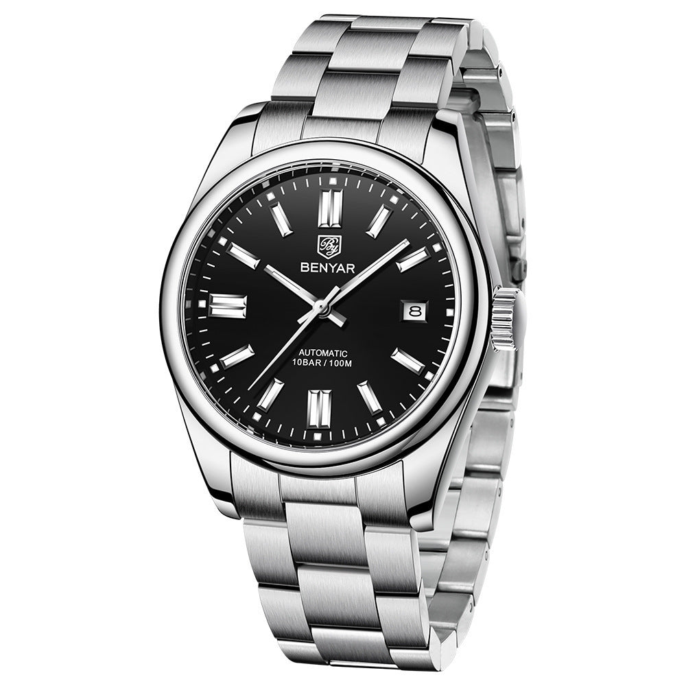 A silver-colored men's mechanical watch with a blue dial and stainless steel strap, displaying a screw crown and a date function.