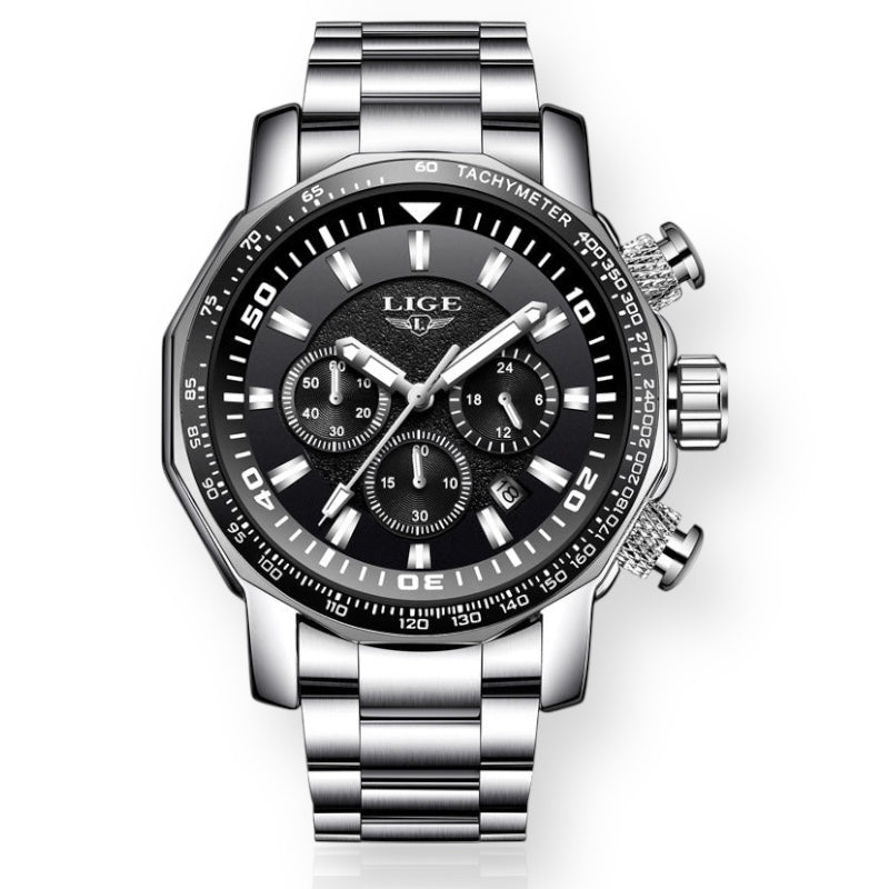 Silver and black LIGE watch on a white background