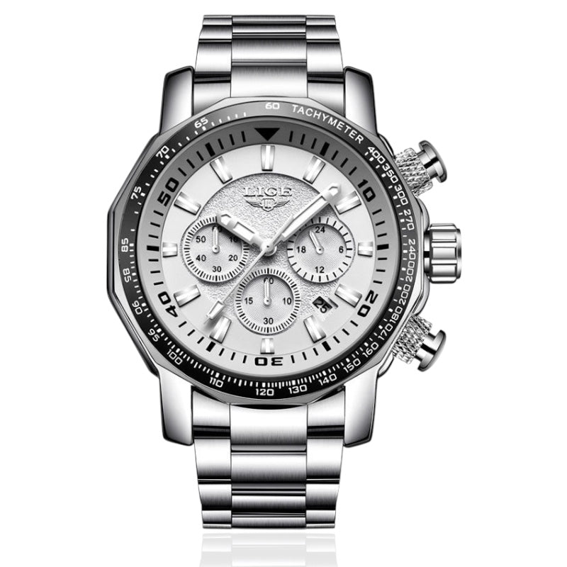 Silver wristwatch with a detailed face on a white background