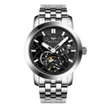 This image features a sophisticated men's mechanical watch by the brand AILANG. The watch showcases a sleek, silver-toned metal case paired with a black leather strap that enhances its elegant appearance.
