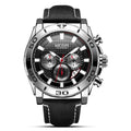A men's Megir analog watch with a black dial and a black leather band.