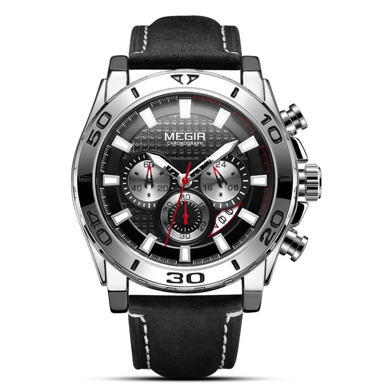 A men's Megir analog watch with a black dial and a black leather band.