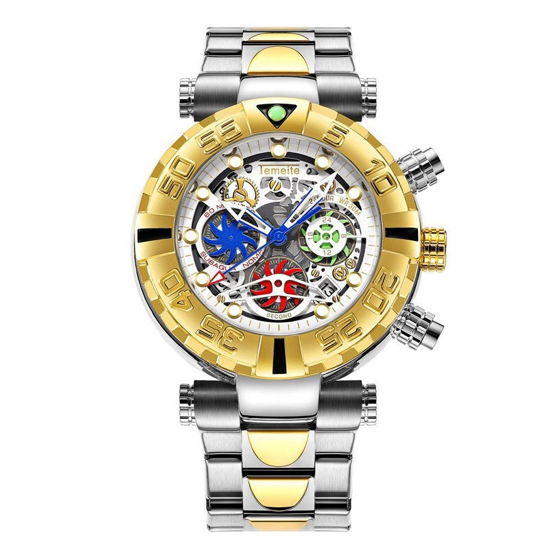 A men's luminous waterproof multifunctional watch with a gold band and blue dial, featuring a spiral crown and a double side press buckle.
