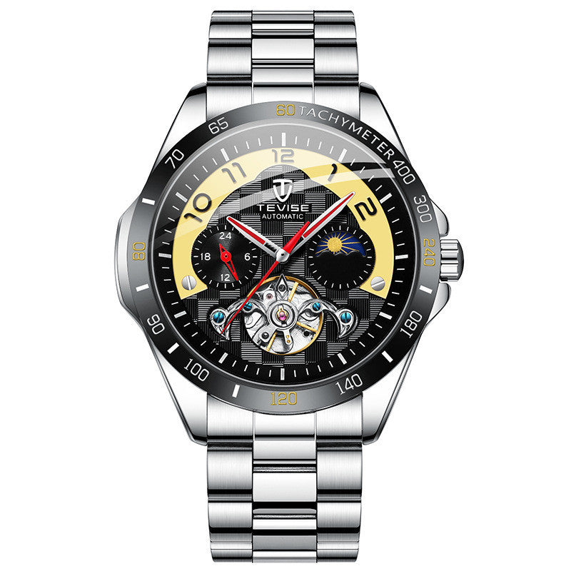 A men's automatic mechanical watch with a silver band and a black, gold, and silver dial featuring a tourbillon and moon phase display.