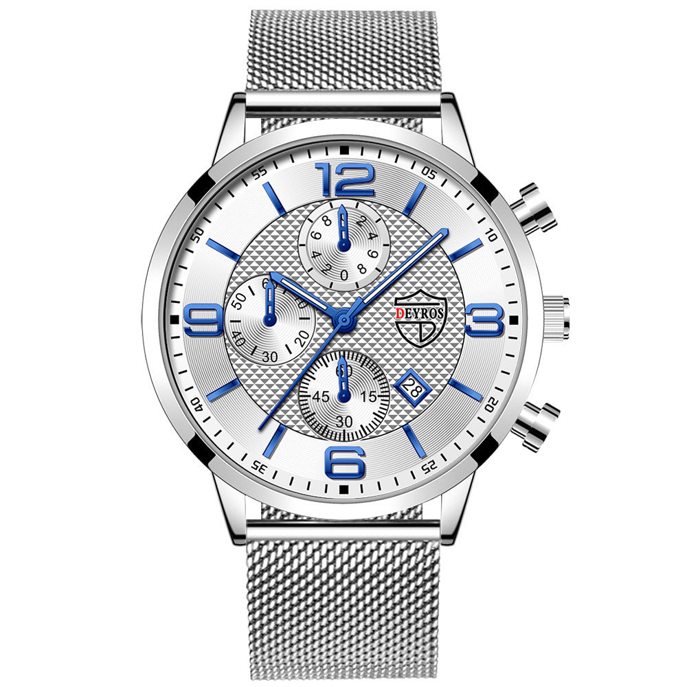 A black analog wristwatch with a stainless steel band and a dial featuring multiple subdials and a calendar display.