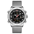 A men's blue sports watch with a round digital display, analog hands, and a blue stainless steel mesh band.